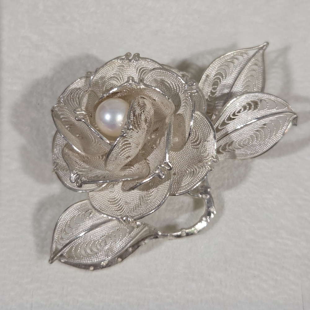 Genuine Vintage 99.9% Fine Silver Rose Filligree Brooch/ Artisan Handcrafted